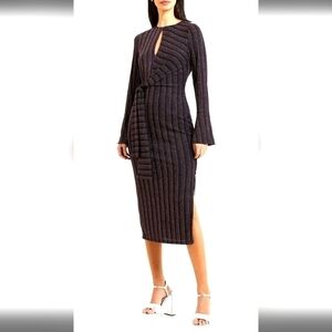 NWT Metallic Stripe Long Sleeve Midi Black Multi Dress XS FRENCH CONNECTION